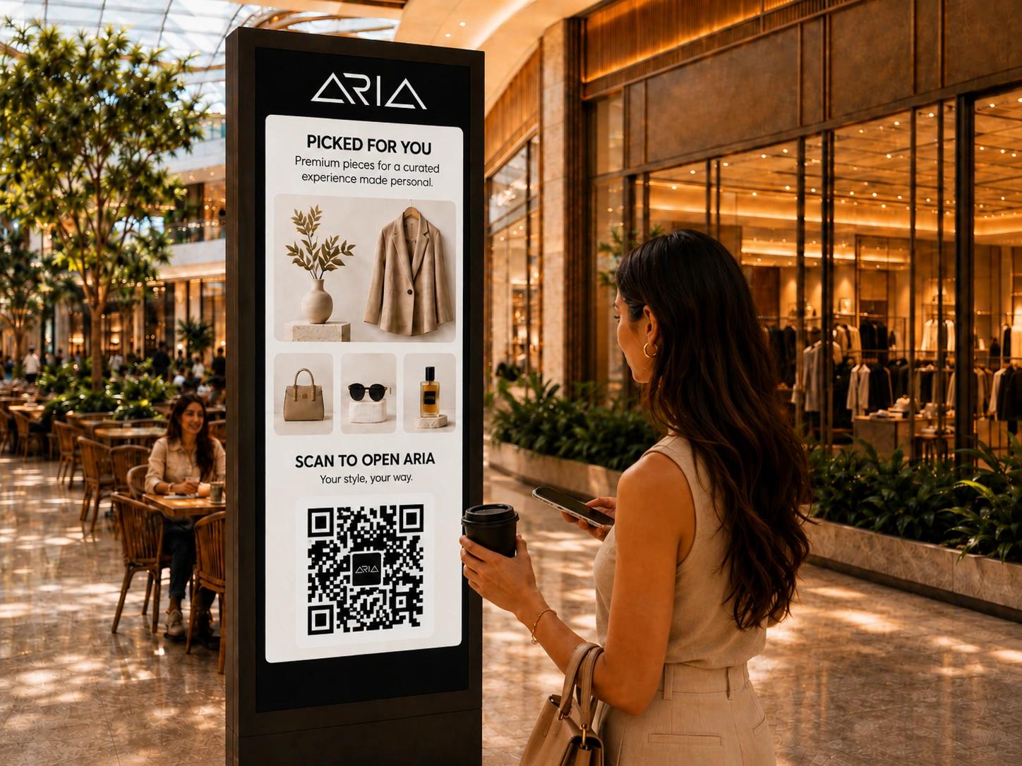 An ARIA digital kiosk beside a shopper in a shopping destination